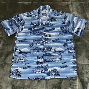 RJC Hawaiian Shirt Men's Large Blue WWll Bomber Craft Diamond Head Button-Up